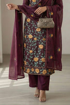 Wine Georgette Kameez With Pant For Indian & Pakistani Wedding Festival - Thread & Sequins Embroidery Work - hem and footwear detail