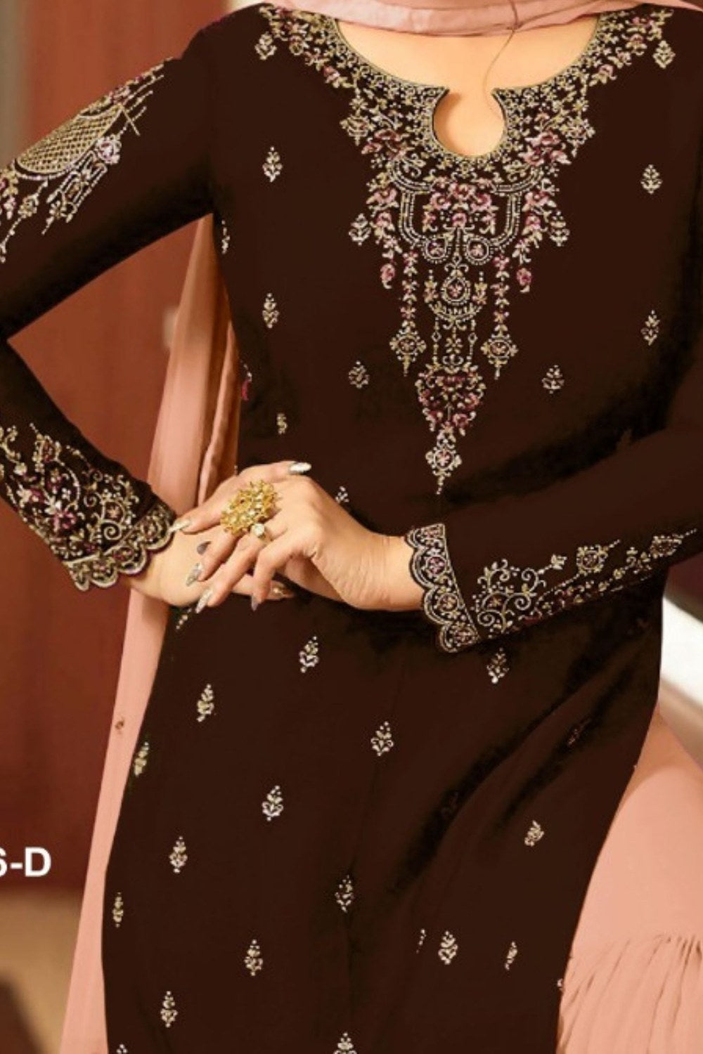 Reddish Brown Georgette Sharara Suit Gharara Set for Women for Wedding & Sangeet Ceremony - Thread Embroidery Work - hem and footwear detail