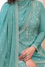 Turquoise Chinon Silk Long Kameez Suit with Pant and Dupatta For Indian Festivals & Weddings - Embroidery Work - hem and footwear detail