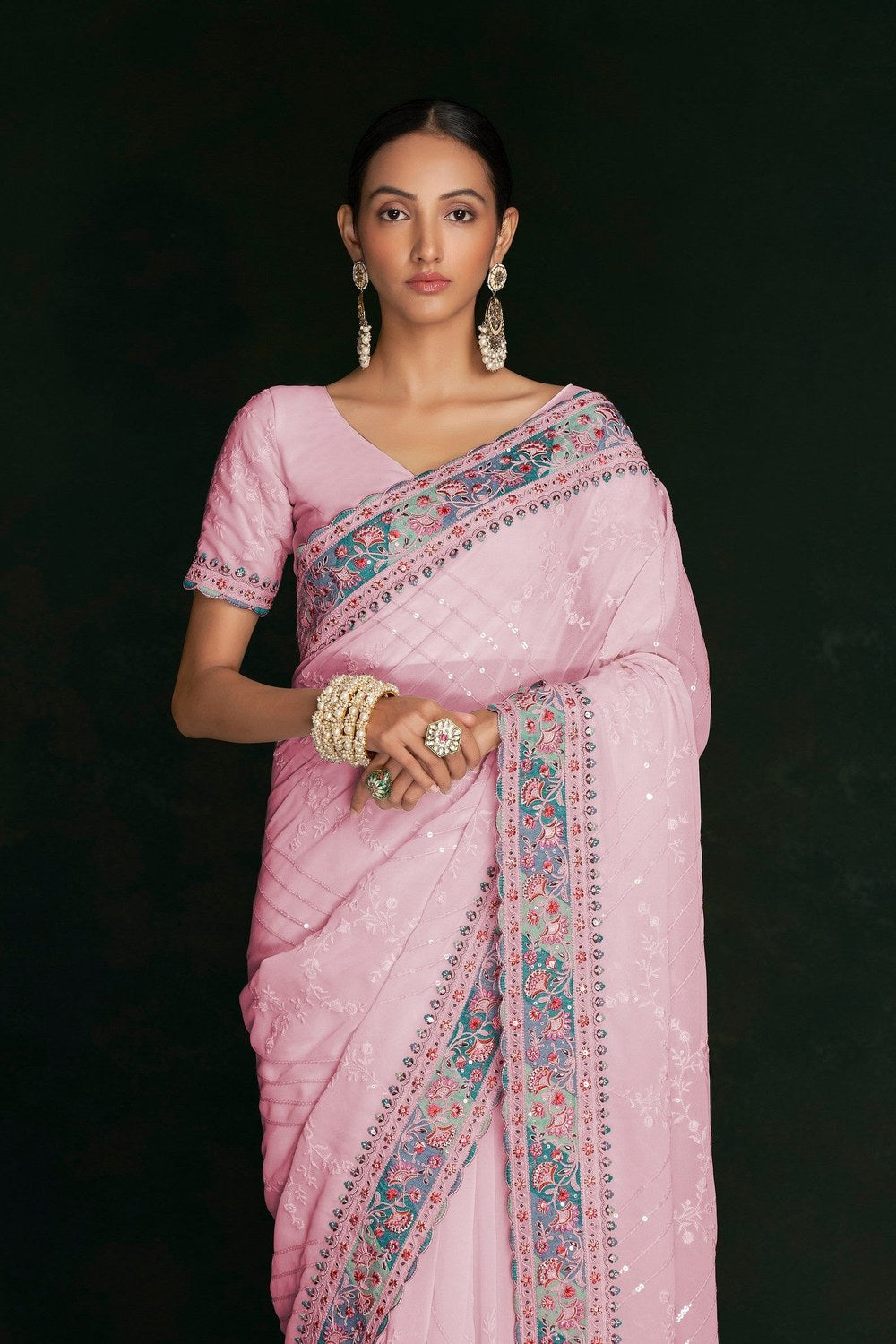 Pink Georgette Sarees with Blouse for Weddings | Indian Sari for Festival - Lucknowi Work - close-up view