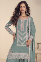 Light Green Indian Wedding Dresses: Chinon Silk Palazzo Suit with Moti & Thread Embroidery - close-up view