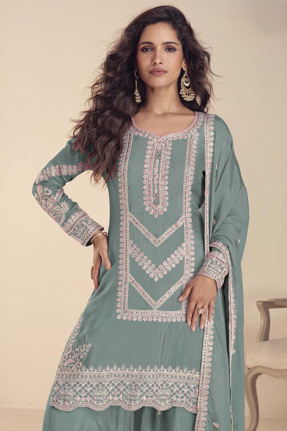 Light Green Indian Wedding Dresses: Chinon Silk Palazzo Suit with Moti & Thread Embroidery - close-up view