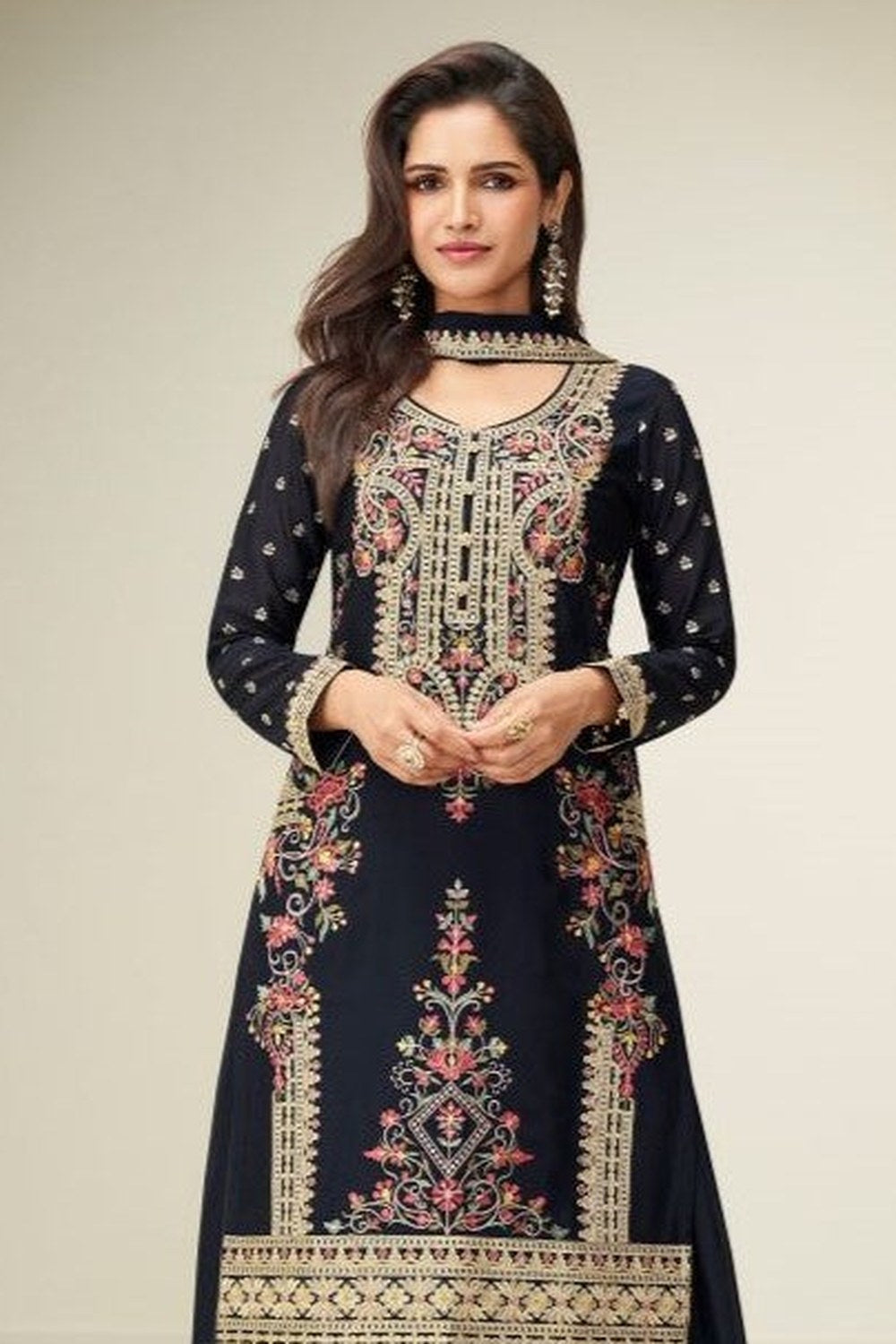 Black Designer Embroidered Palazzo Suits for Wedding in Chinon Silk - close-up view