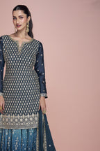 Dark Teal Chinon Silk Double Shade Pakistani Gharara Kameez Suit for Wedding - Embroidery Work - close-up view