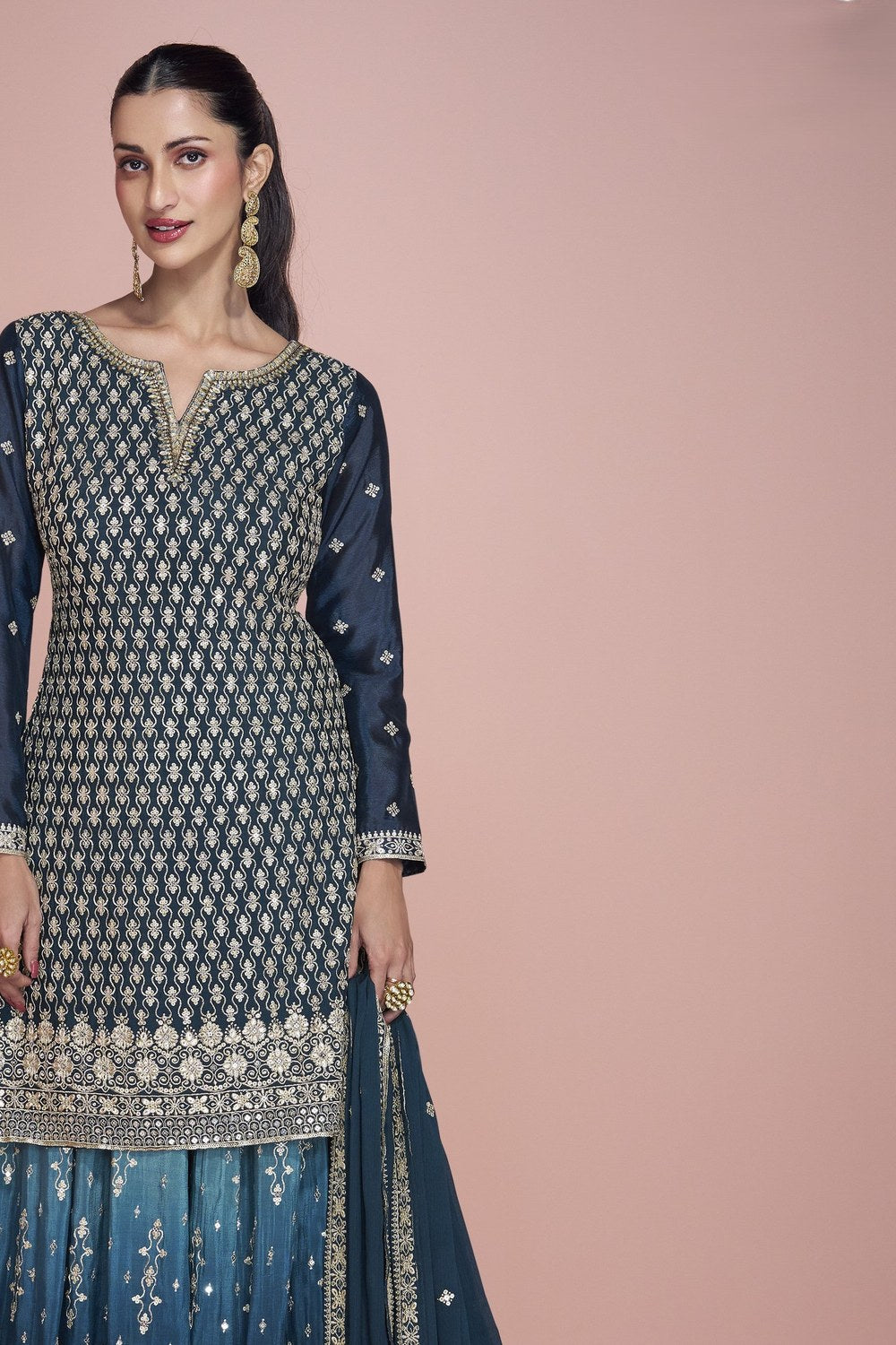 Dark Teal Chinon Silk Double Shade Pakistani Gharara Kameez Suit for Wedding - Embroidery Work - close-up view