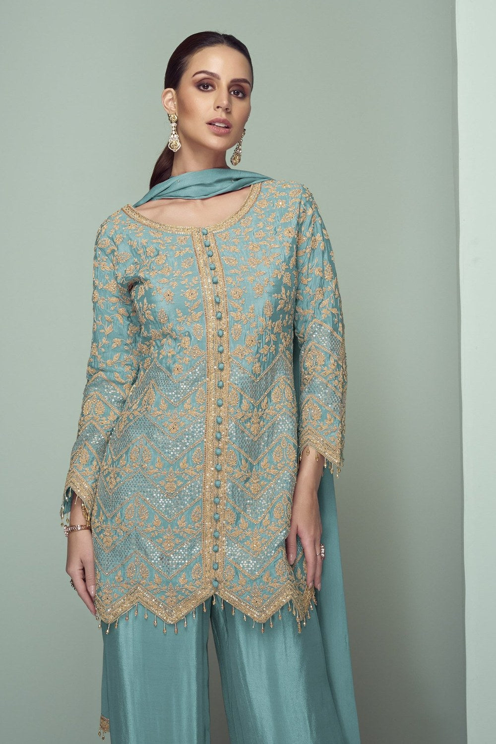 Teal Chinon Silk Kameez With Pant For Indian & Pakistani Wedding Festival - Thread Embroidery Work, Sequence Embroidery Work - close-up view