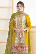 Yellow Chinon Silk Haldi Palazo Suit Dress For Indian & Pakistani Wedding Festival - Real Mirror Work, Sequence Embroidery Work, Dori Work - close-up view
