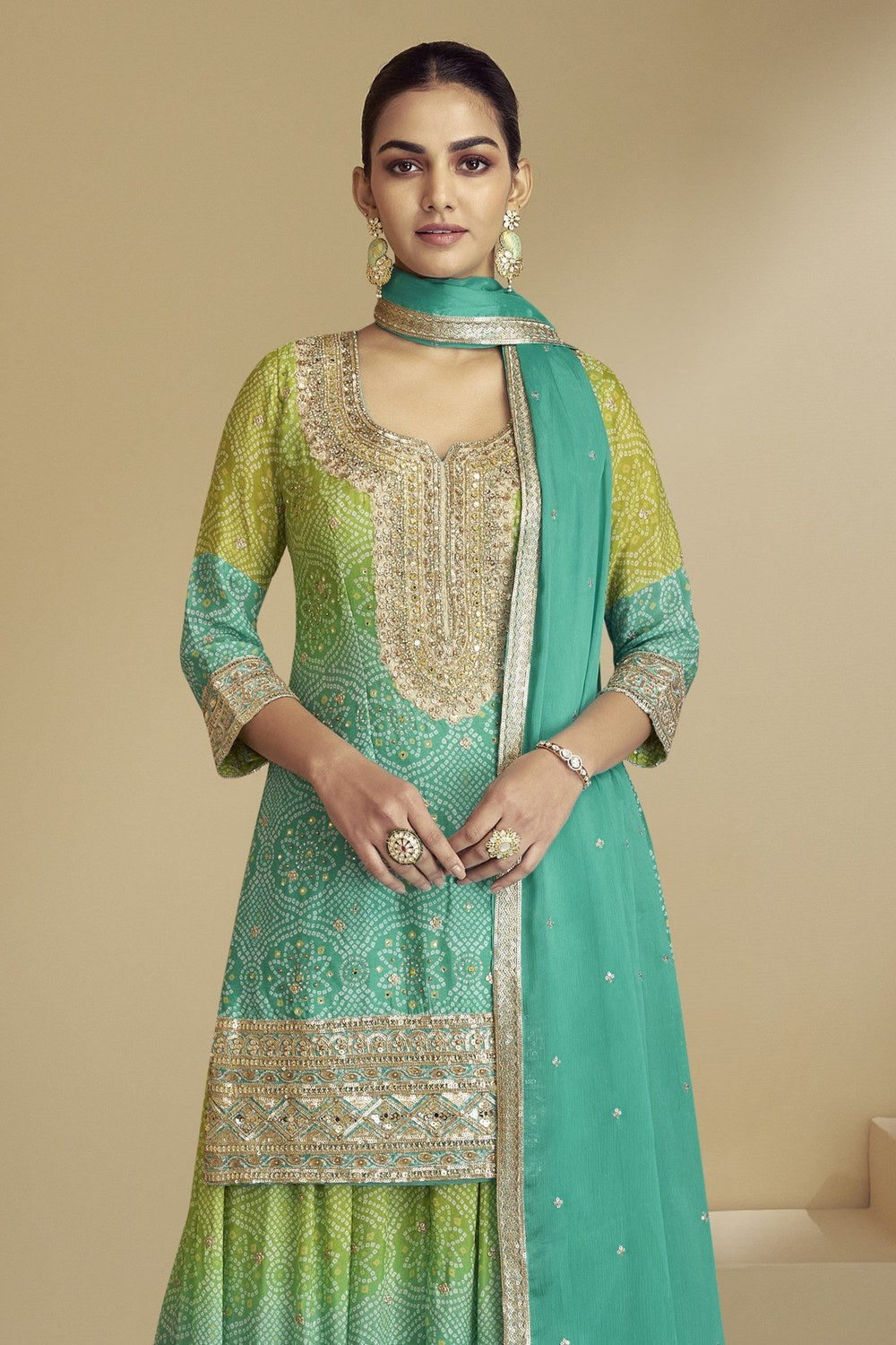 Green Dual Color Chinon Silk Bandhani Style Pattern Palazzo Suit For Indian Festivals & Weddings - Embroidery Work, Mirror Work, Print Work - close-up view