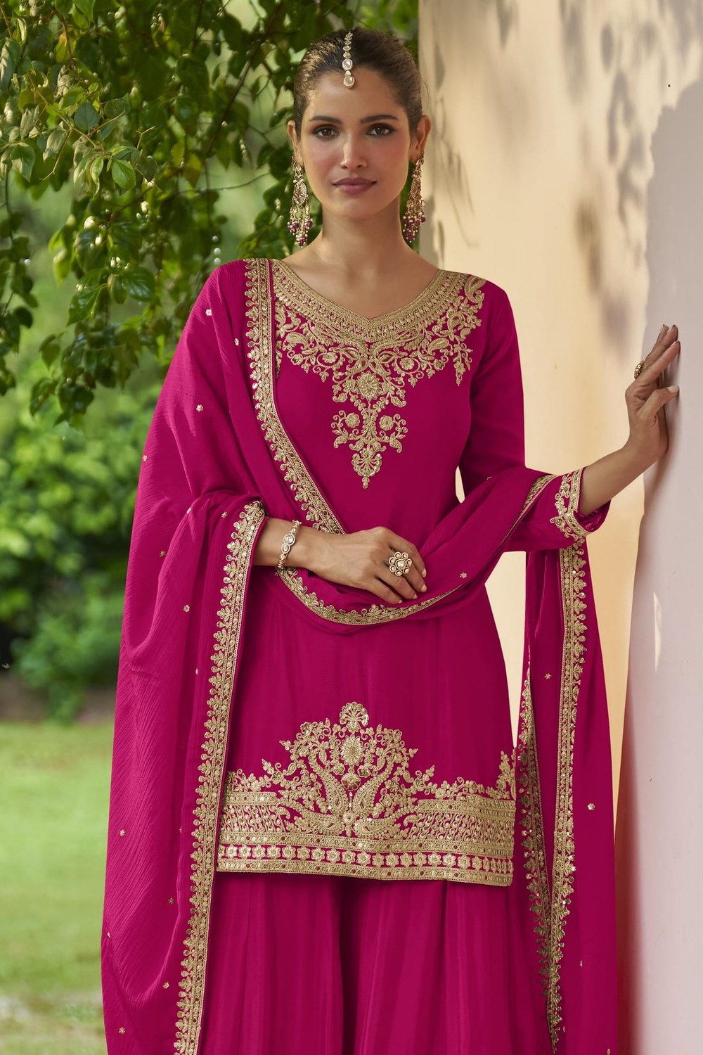 Pink Chinon Silk Plazo Suit For Indian & Pakistani Wedding Festival - Dori Work, Sequence Embroidery Work - close-up view