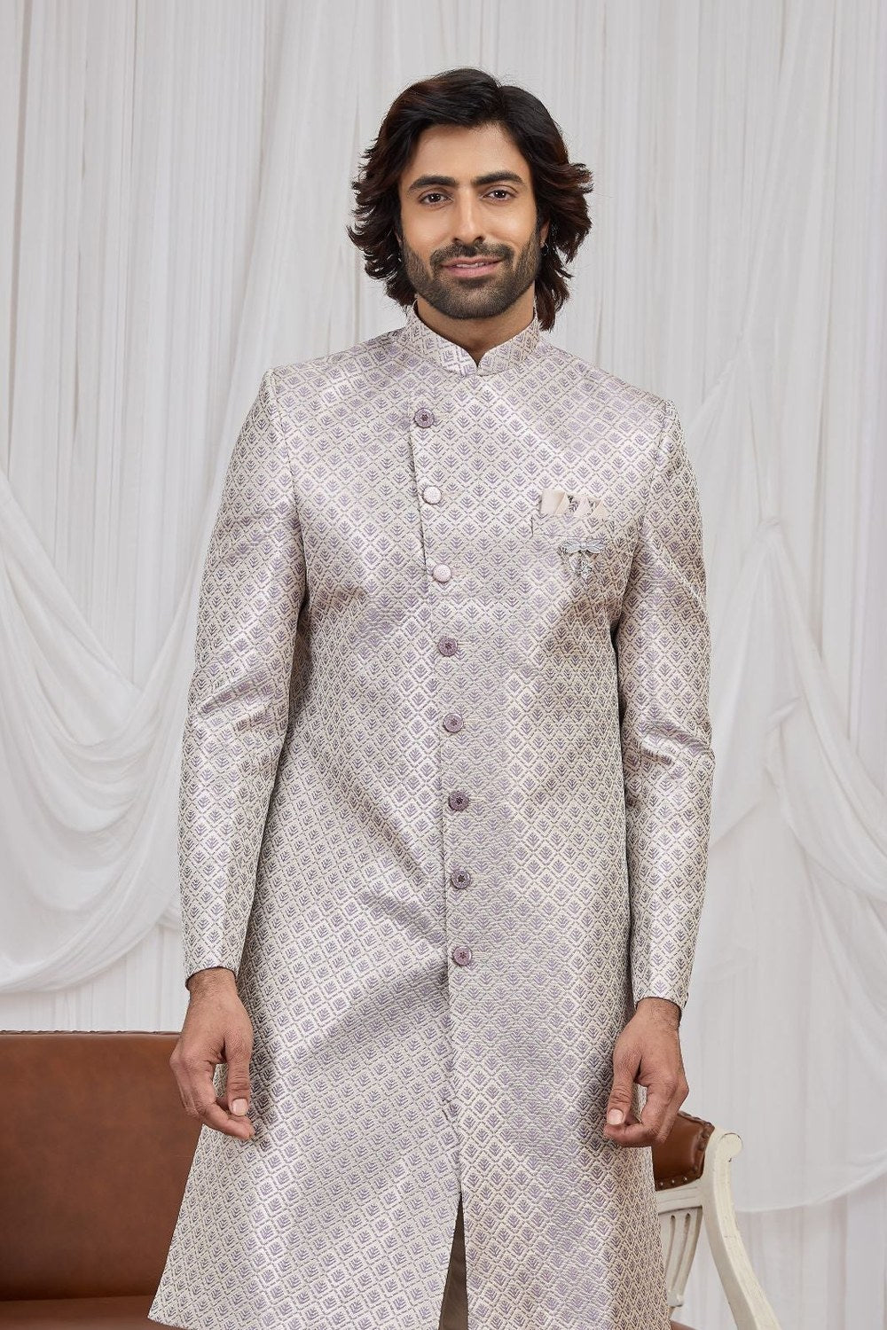 Purple Gray Kurta Pyjama for Men - Jacquard Sherwani with Weaving Work - close-up view