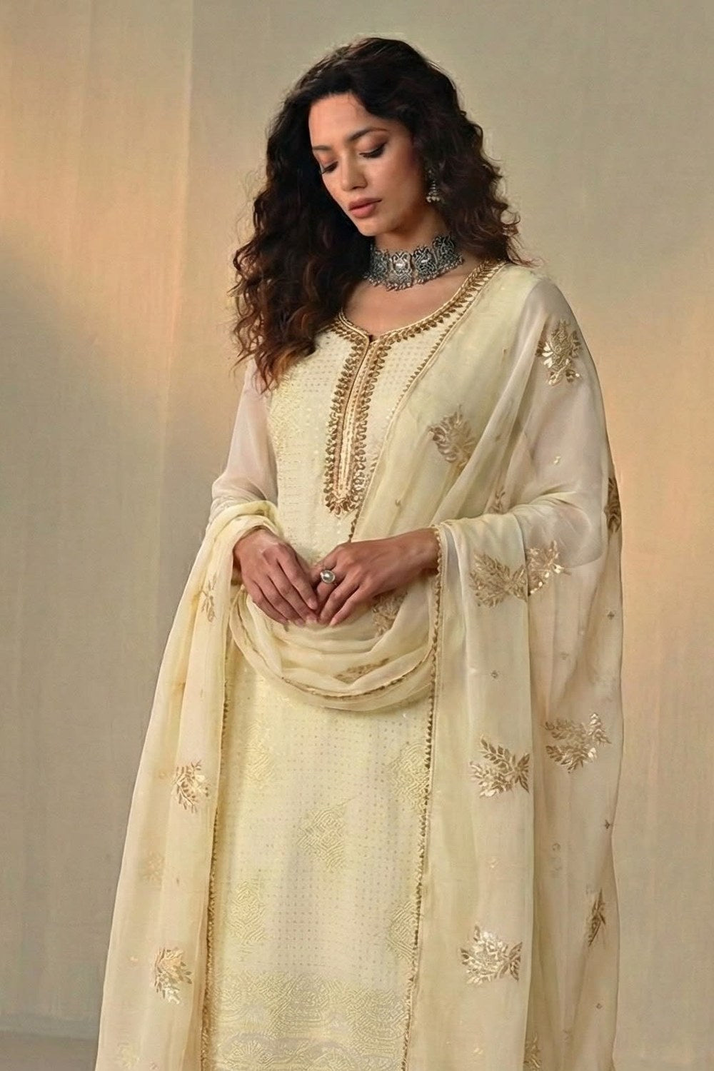 Light Yellow Georgette Kameez With Pant For Indian & Pakistani Wedding Festival - Sequins & Thread Embroidery Work, Khatli Work - close-up view