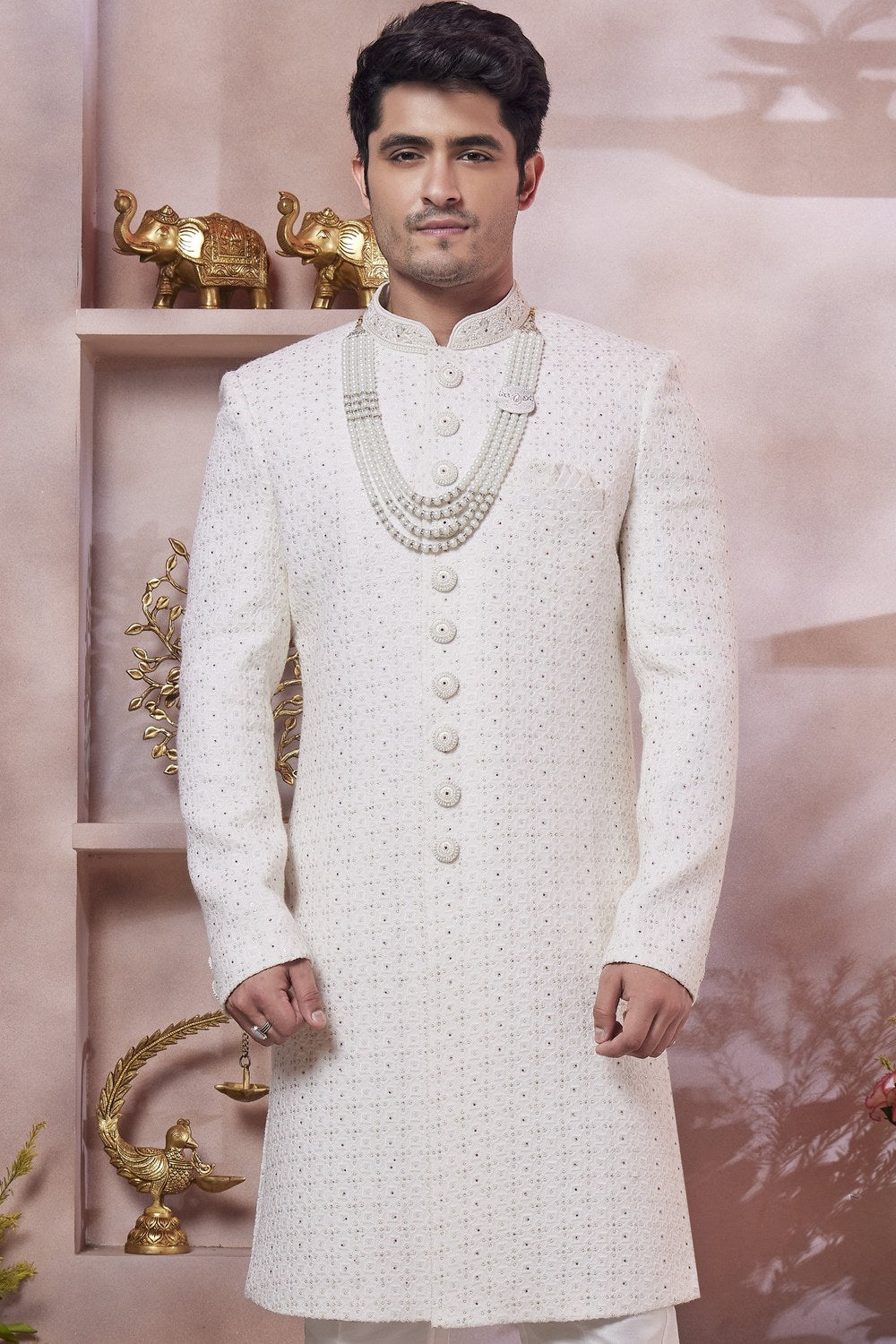 White Art Silk Indo Western Traditional Sherwani Long Kurta & Pant Suit for Men for Wedding - Thread Embroidery Work - close-up view