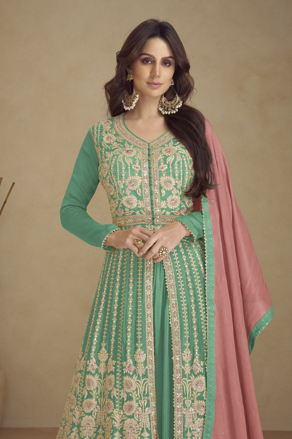 Mint Green Palazo for Sangeet in Chinon Silk with Thread & Dori Work - close-up view