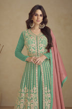 Mint Green Palazo for Sangeet in Chinon Silk with Thread & Dori Work - close-up view