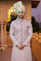 Blush Pink Art Silk Traditional Sherwani Long Kurta & Pant for Men for Wedding - Embroidery Work - close-up view