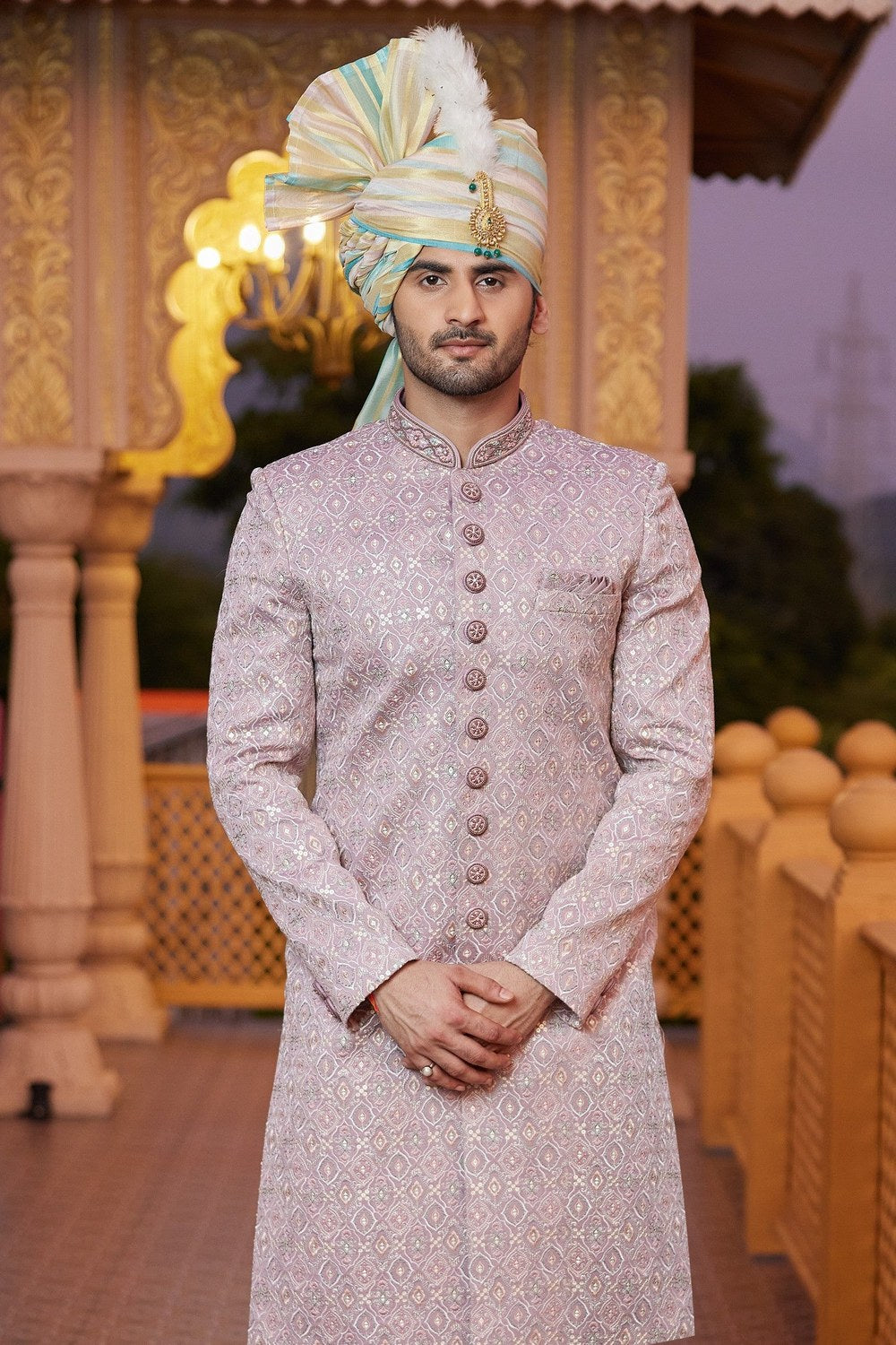 Blush Pink Art Silk Traditional Sherwani Long Kurta & Pant for Men for Wedding - Embroidery Work - close-up view