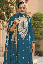 Teal Chinon Silk Kameez With Palazzo Suit For Indian & Pakistani Wedding Festival - Thread & Sequence Embroidery - close-up view