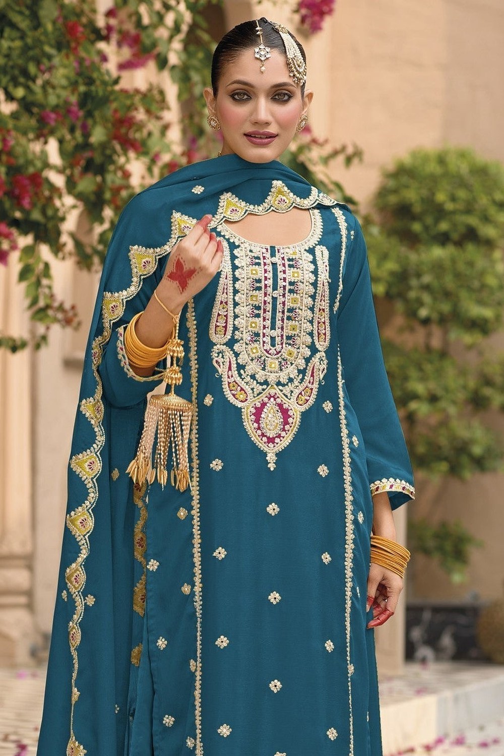 Teal Chinon Silk Kameez With Palazzo Suit For Indian & Pakistani Wedding Festival - Thread & Sequence Embroidery - close-up view