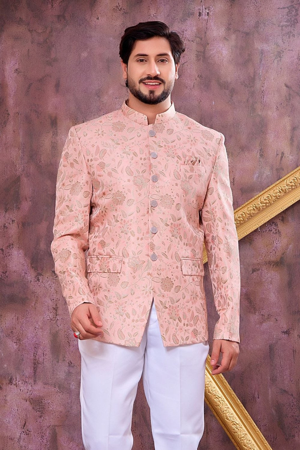 Peach Art Silk Weave Work Jodhpuri Suit For Male & Pant - close-up view