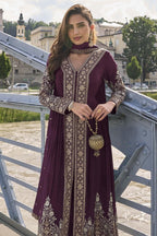 Wine Chinon Silk Front Slit Anarkali With Pent For Indian & Pakistani Wedding Festival - Sequins & Thread Embroidery Work - close-up view