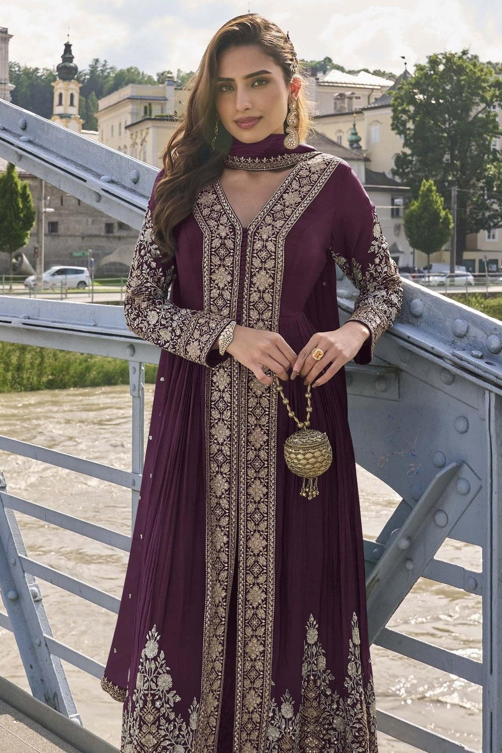 Wine Chinon Silk Front Slit Anarkali With Pent For Indian & Pakistani Wedding Festival - Sequins & Thread Embroidery Work - close-up view