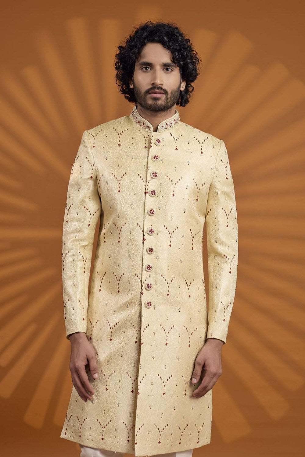 Cream Indian Wedding Wear Men - Jacquard Silk Kurta Pajama - close-up view