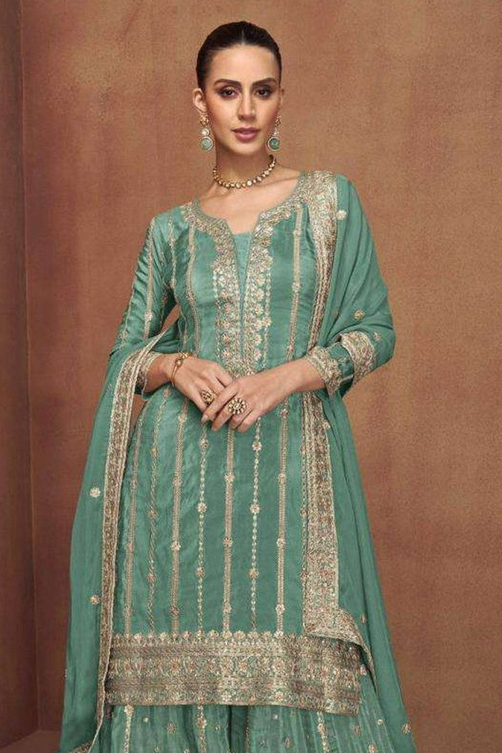Teal Shimmer Silk Plazo Suit for Wedding Dress For Indian Bride - Embroidery Work - close-up view
