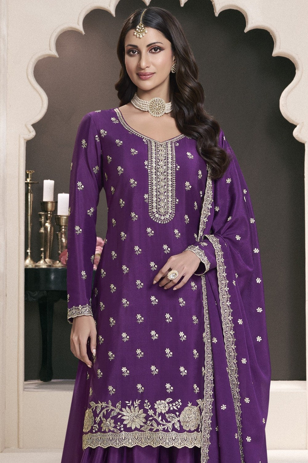 Purple Chinon Silk Sharara Dress for Reception - Embroidery Work - close-up view