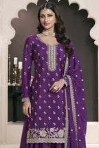 Purple Chinon Silk Sharara Dress for Reception - Embroidery Work - close-up view