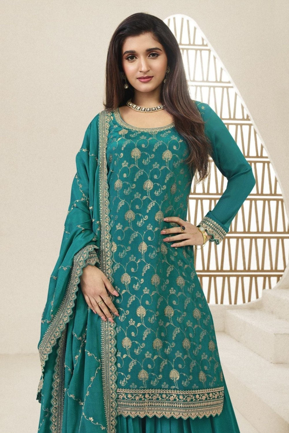 Turquoise Jacquard Silk Palazzo Suit For Indian Festivals & Pakistani Plazo Weddings Dress - Embroidery Work - close-up view