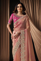 Rose Gold Pearl & Crystal Stone Handwork Saree for Wedding Guest - close-up view