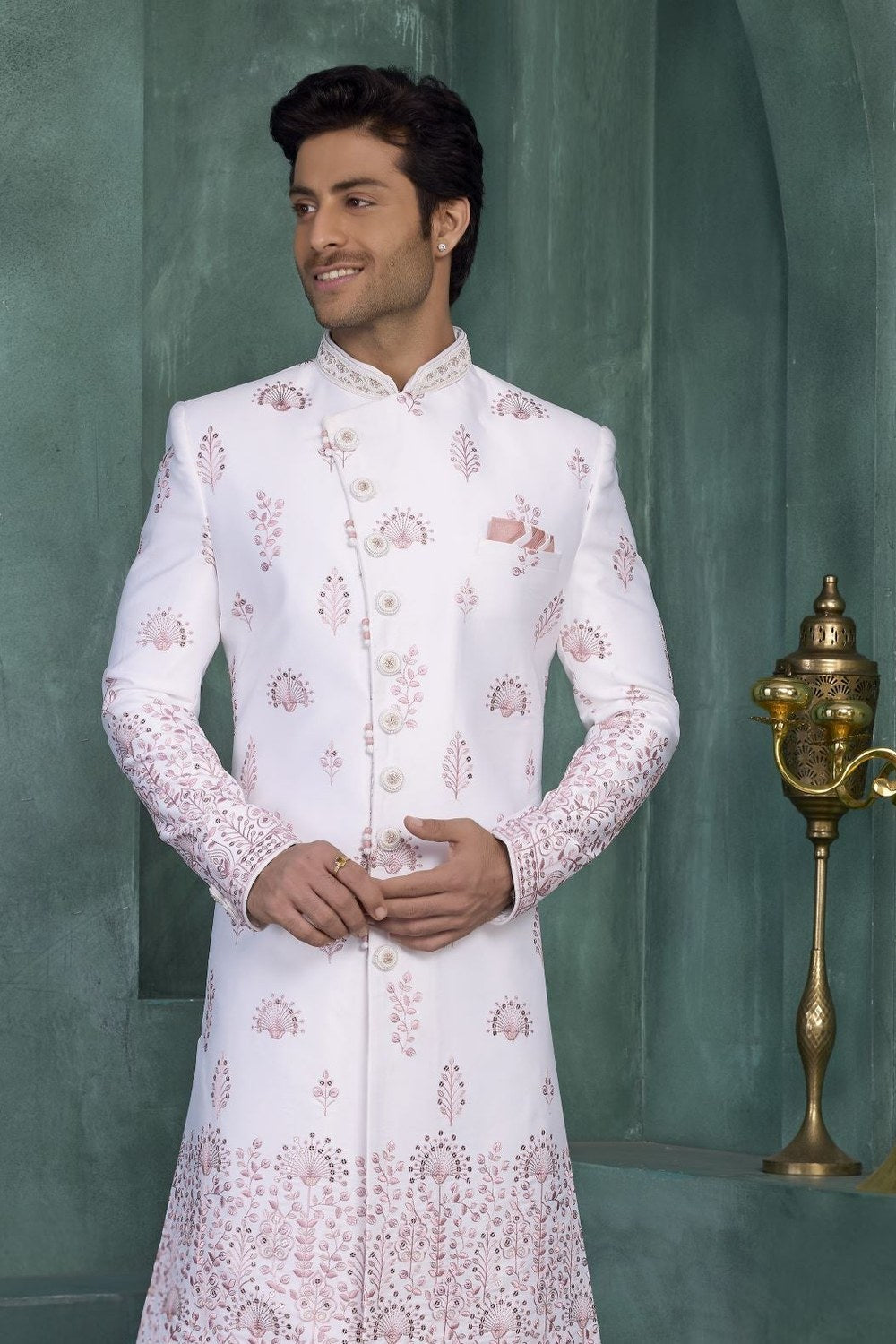 White Long Kurta Mens Wear & Pajama - Thread Embroidery Sherwani - close-up view