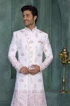 White Long Kurta Mens Wear & Pajama - Thread Embroidery Sherwani - close-up view