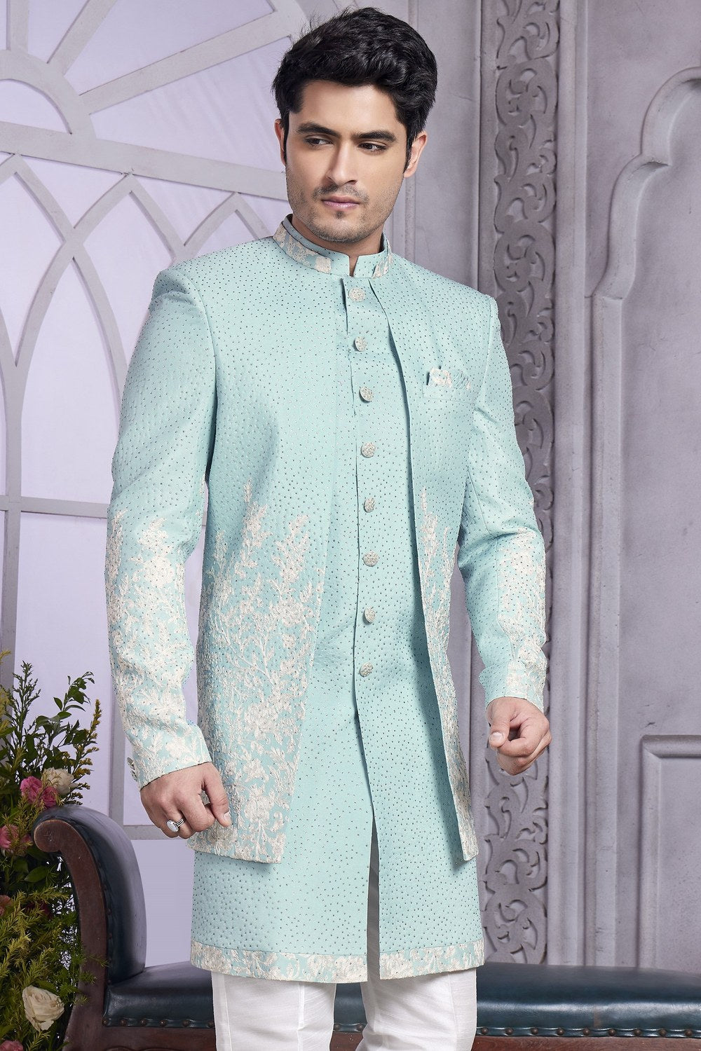 Sky Blue Art Silk Indo Western Traditional Sherwani Kurta with Jacket & Pant for Men for Wedding - Embroidery Work - close-up view