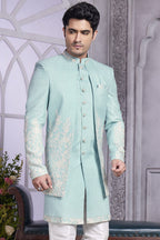 Sky Blue Art Silk Indo Western Traditional Sherwani Kurta with Jacket & Pant for Men for Wedding - Embroidery Work - close-up view