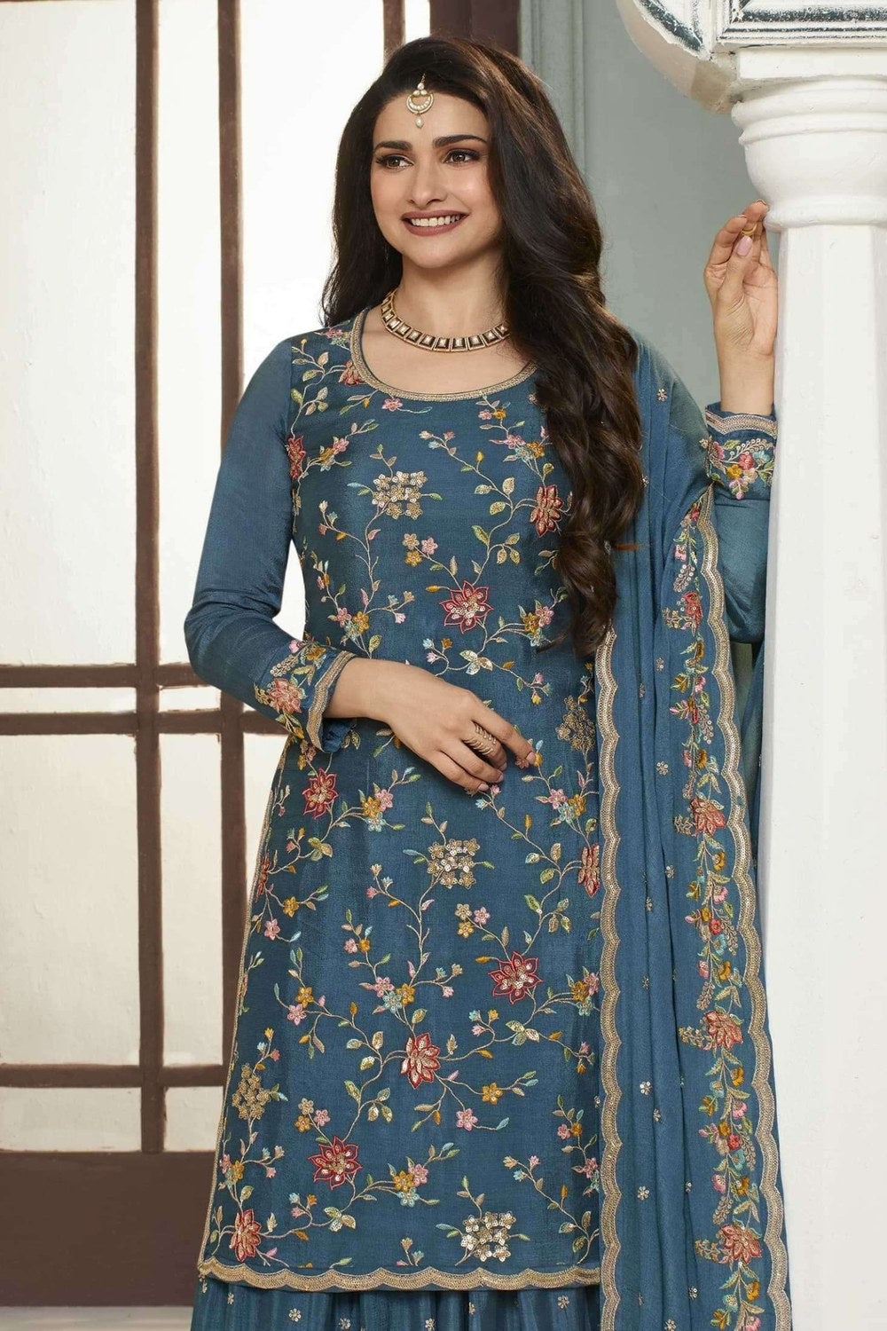 Blue Chinon Silk Floral Plazo Suit For Indian Festivals & Pakistani Weddings Dress - Embroidery Work - close-up view