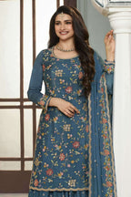Blue Chinon Silk Floral Plazo Suit For Indian Festivals & Pakistani Weddings Dress - Embroidery Work - close-up view