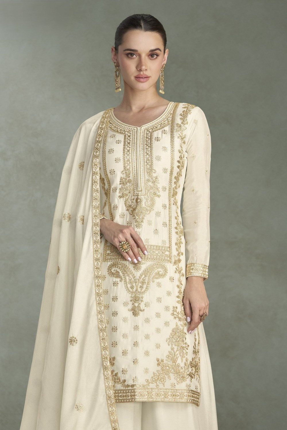 Cream Chinon Silk Plazo Suit For Indian & Pakistani Wedding Festival - Thread & Sequins Embroidery Work, Print Work - close-up view