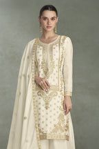 Cream Chinon Silk Plazo Suit For Indian & Pakistani Wedding Festival - Thread & Sequins Embroidery Work, Print Work - close-up view