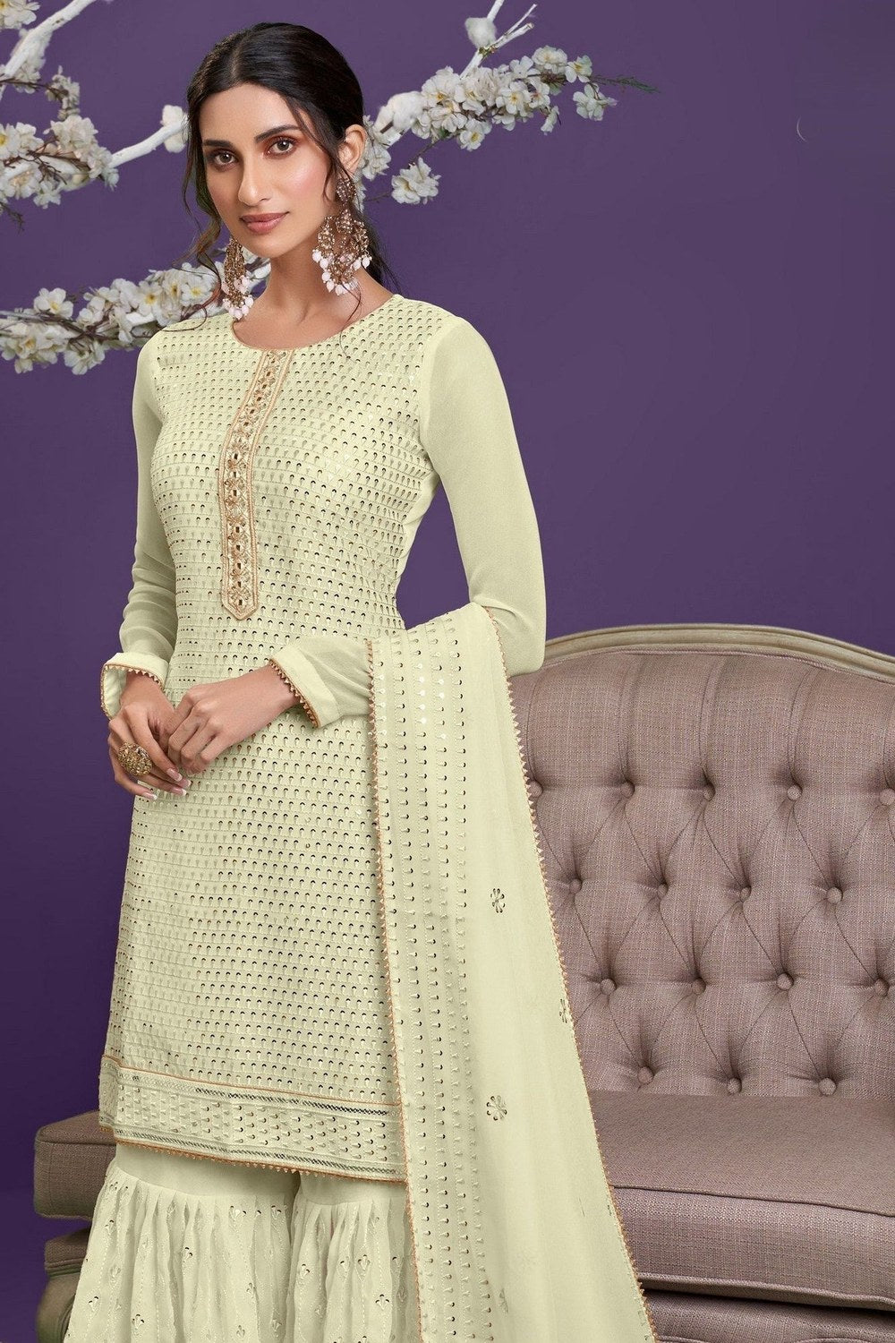 Light Yellow Georgette Sharara Set for Women for Wedding & Henna Ceremony - Sequence & Thread Embroidery Work, Khatli Work - close-up view
