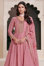 Pink Muga Silk Anarkali Suit For Indian & Pakistani Wedding Festival - Zari Work, Thread & Sequence Embroidery Work - close-up view