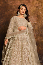 Beige Net Embroidery Anarkali for Sangeet Outfits for Women - close-up view
