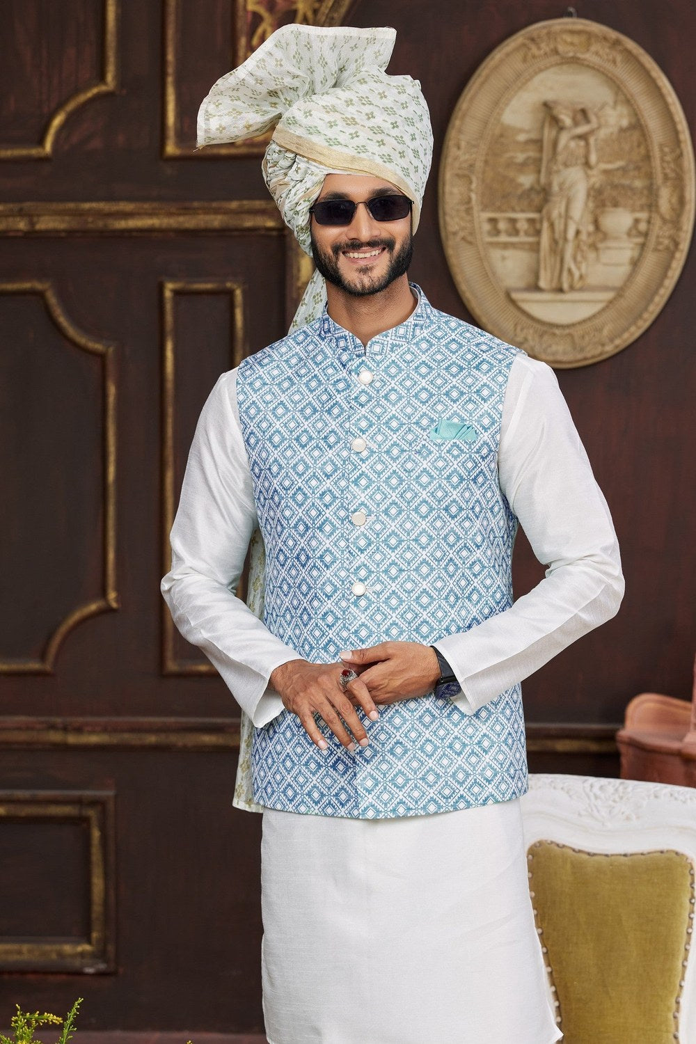 White Blue Art Silk Kurta Pajama with Waistcoat Jacket for Men for Festival & Wedding - Print Work - close-up view