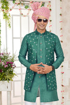 Green Art Silk Kurta Pajama with Waistcoat Jacket for Men for Festivals & Wedding - Embroidery Work - close-up view