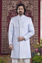Bluish Gray Jacquard Mens Indian Wedding Attire Indo Western - close-up view