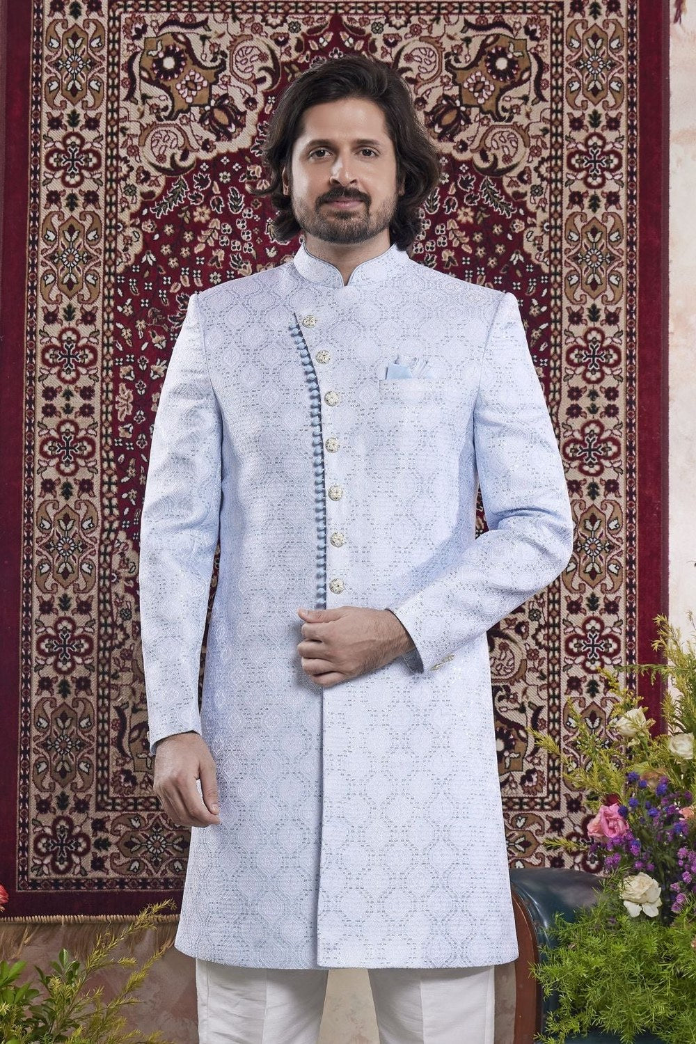 Bluish Gray Jacquard Mens Indian Wedding Attire Indo Western - close-up view