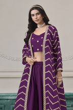 Purple Chinon Silk Crop Top with Jacket and Palazzo with Thread Embroidery Work - close-up view
