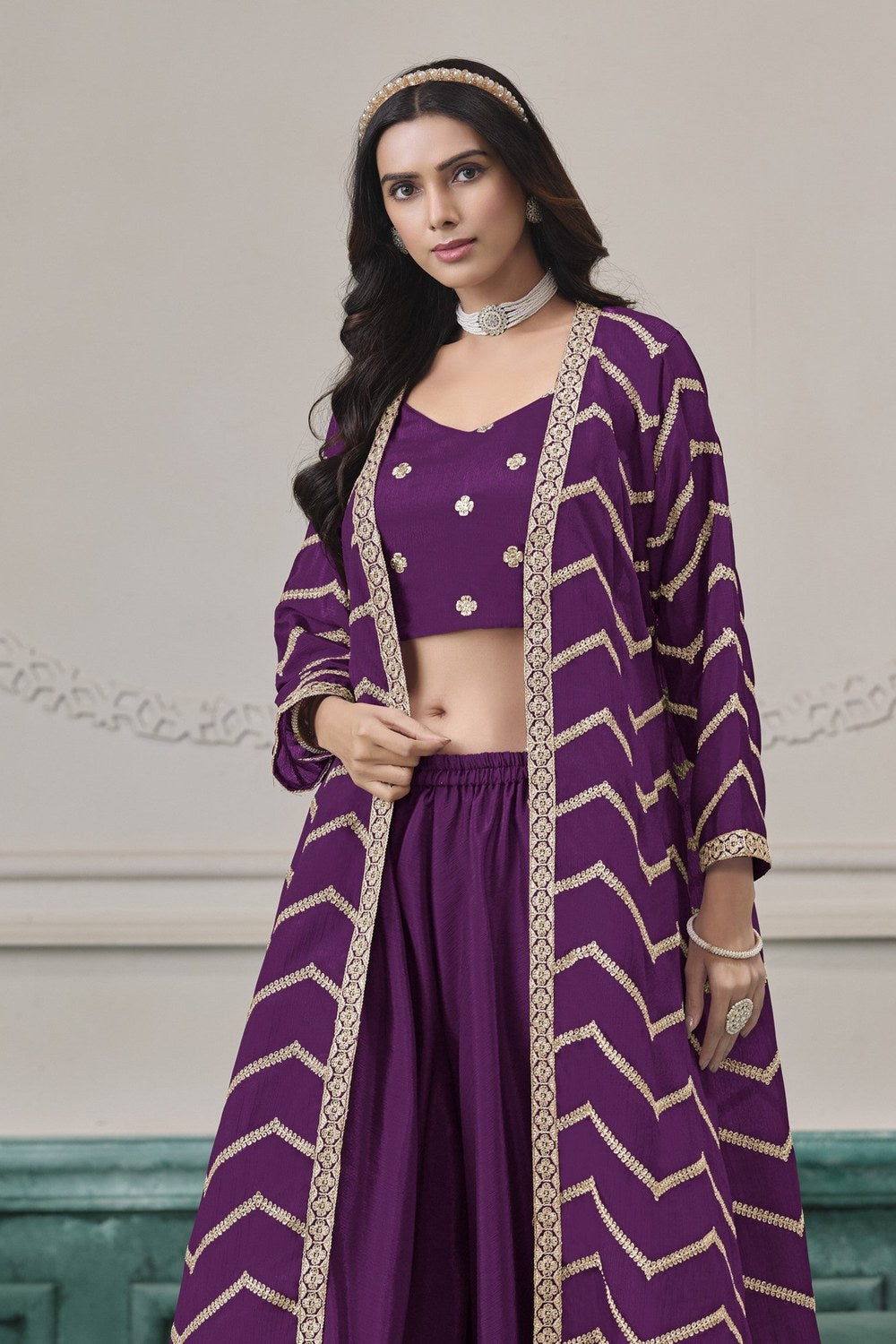 Purple Chinon Silk Crop Top with Jacket and Palazzo with Thread Embroidery Work - close-up view