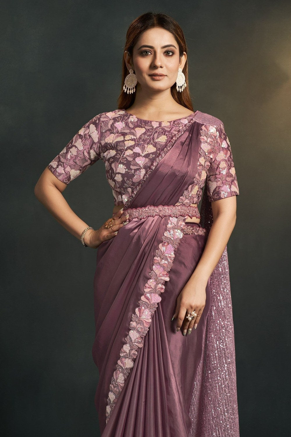 Purple Crepe Satin Silk Partywear Saree With Stitched Blouse For Indian & Pakistani Wedding Festival - Sequence Embroidery Work, Thread Embroidery Work, Stone Work - close-up view