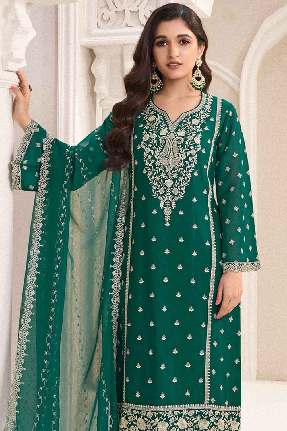 Green Chiffon Silk Long Kameez Pant Suit For Indian Festivals & Weddings - Embroidery Work - close-up view